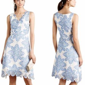 Anthropologie Eva Franco Starflower Scalloped Blue & White Lace Dress